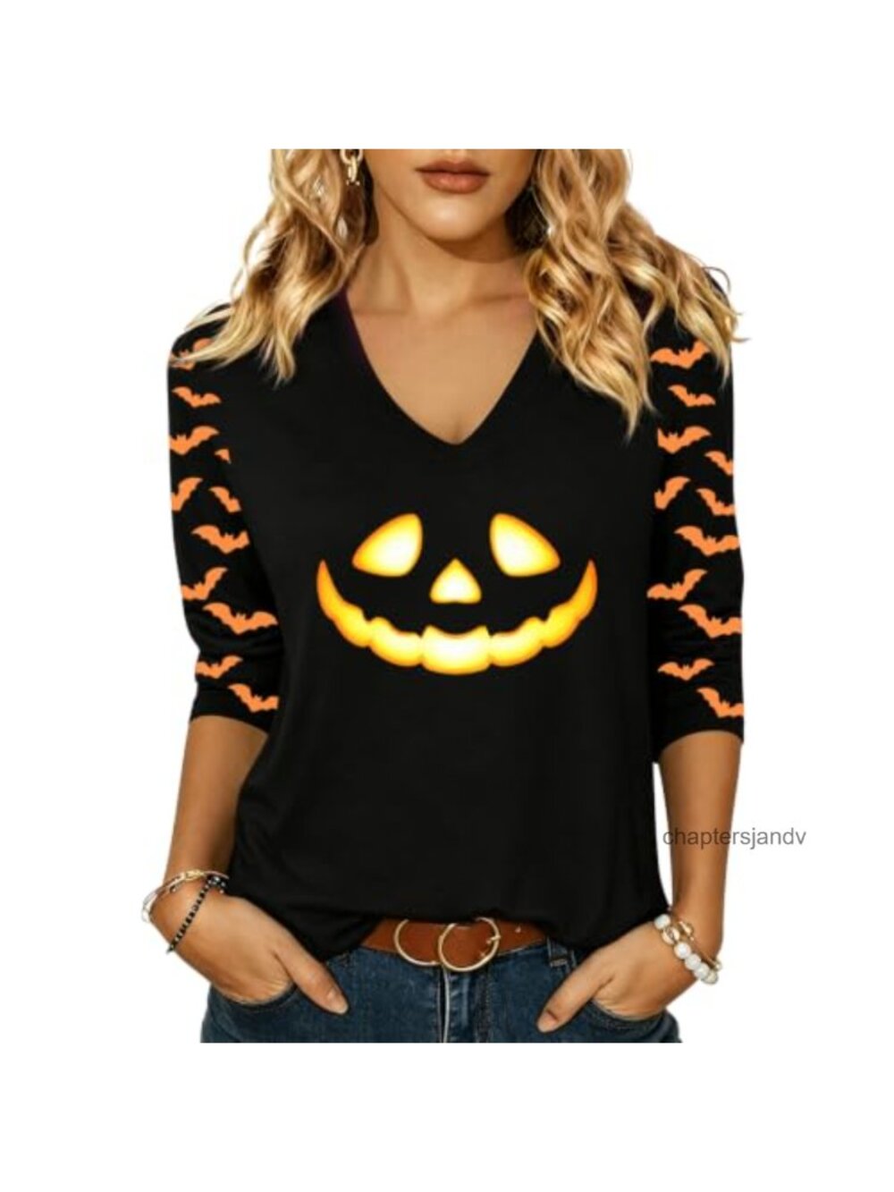 Halloween V Neck 3/4 Sleeve Graphic Tee Spook Season Fall Casual Top